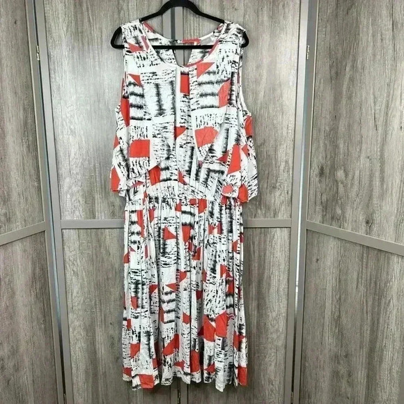 eShakti Dress 2X Midi Sleeveless White Red Flowy 22W - Picture 1 of 10